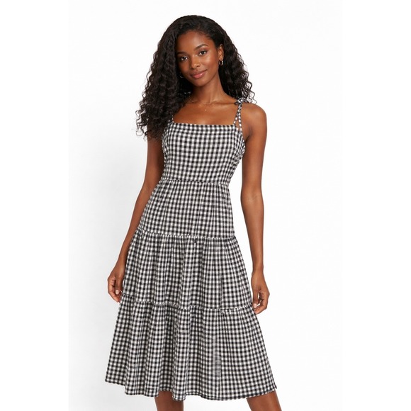 Hunkemoller Dresses & Skirts - Hunkemoller Gingham Check‎ Tiered Midi Dress Tie Shoulder Black White L 101-33